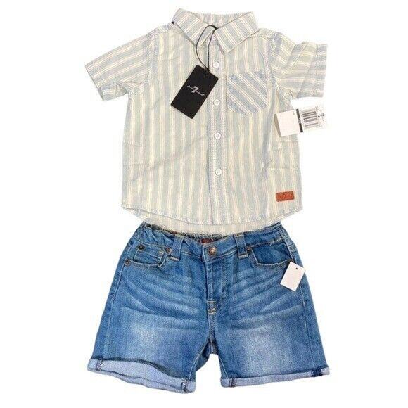 7 For All Mankind Kids Toddler Boys 2 Piece Striped Denim Shirt Shorts Size 12M - Picture 2 of 8
